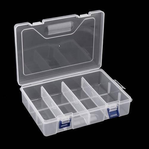 Adjustable Double Layer Component Organizer Tool Container Storage Box F240 - a clear plastic storage box with an open lid and two blue locking latches.