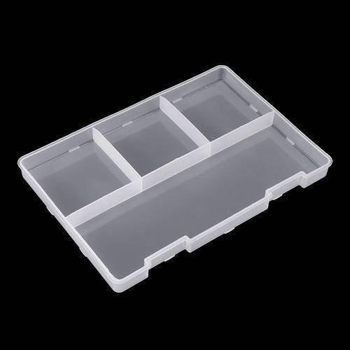 Adjustable Double Layer Component Organizer Tool Container Storage Box F240 - shown as an empty, rectangular, translucent plastic tray with three dividers.