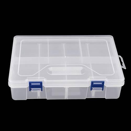 Adjustable Double Layer Component Organizer Tool Container Storage Box F240 - a clear plastic rectangular storage case with two blue locking latches.