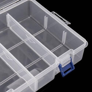 Adjustable Double Layer Component Organizer Tool Container Storage Box F240 - a close-up view of the clear plastic interior compartments and blue latch.