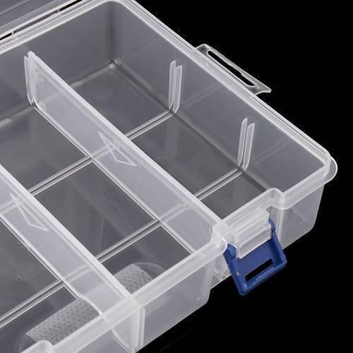 Adjustable Double Layer Component Organizer Tool Container Storage Box F240 - a close-up view of the clear plastic interior compartments and blue latch.