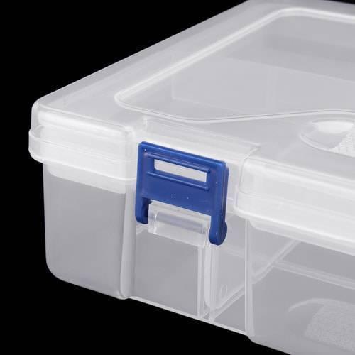 Adjustable Double Layer Component Organizer Tool Container Storage Box F240 - a close-up view of the clear plastic lid and blue locking latch.