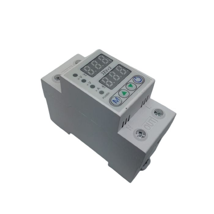 Adjustable Over Voltage Current and Under Voltage Protective Device Protector Relay 63A and 40 A 220V 230V - DIN-rail mountable relay featuring two digital displays and four buttons.