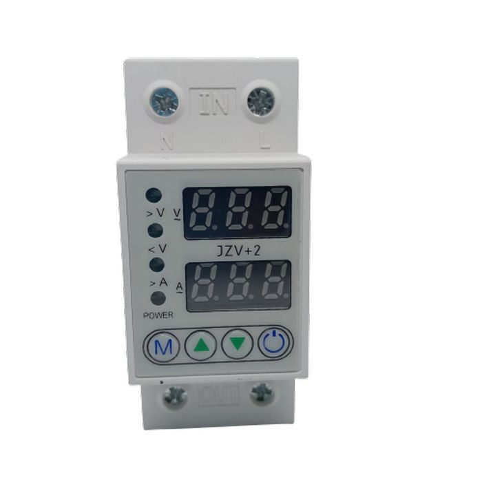 Adjustable Over Voltage Current and Under Voltage Protective Device Protector Relay 63A and 40 A 220V 230V - white DIN rail-mounted unit with two digital displays, indicator lights, and buttons.
