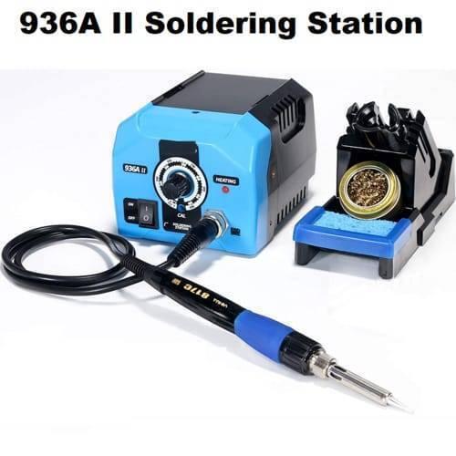 Adjustable Soldering Iron Station Web 936A Ii 65W With Intelligent Working Light - a blue and black base unit with a power switch, temperature knob, and heating indicator, plus a soldering iron and stand.