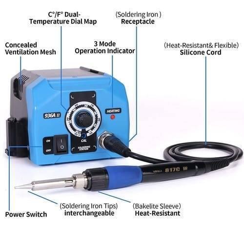 Adjustable Soldering Iron Station Web 936A Ii 65W With Intelligent Working Light - blue base, temperature control knob, power switch, heating indicator, and a connected soldering iron.