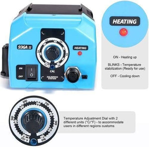 Adjustable Soldering Iron Station Web 936A Ii 65W With Intelligent Working Light - shown as a blue unit with a power switch, temperature dial, connector port, and heating indicator light.