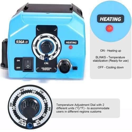 Adjustable Soldering Iron Station Web 936A Ii 65W With Intelligent Working Light - shown as a blue unit with a power switch, temperature dial, connector port, and heating indicator light.