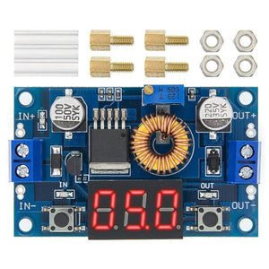 Adjustable Step Down Power Supply Module With Voltmeter Display XL4015 - the blue circuit board, red LED display, terminals, and included hardware.