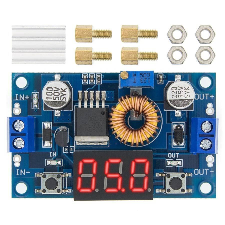 Adjustable Step Down Power Supply Module With Voltmeter Display XL4015 - the blue circuit board, red LED display, terminals, and included hardware.