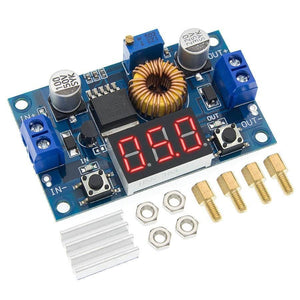 Adjustable Step Down Power Supply Module With Voltmeter Display XL4015 - a blue circuit board, red LED display, terminals, buttons, and hardware.