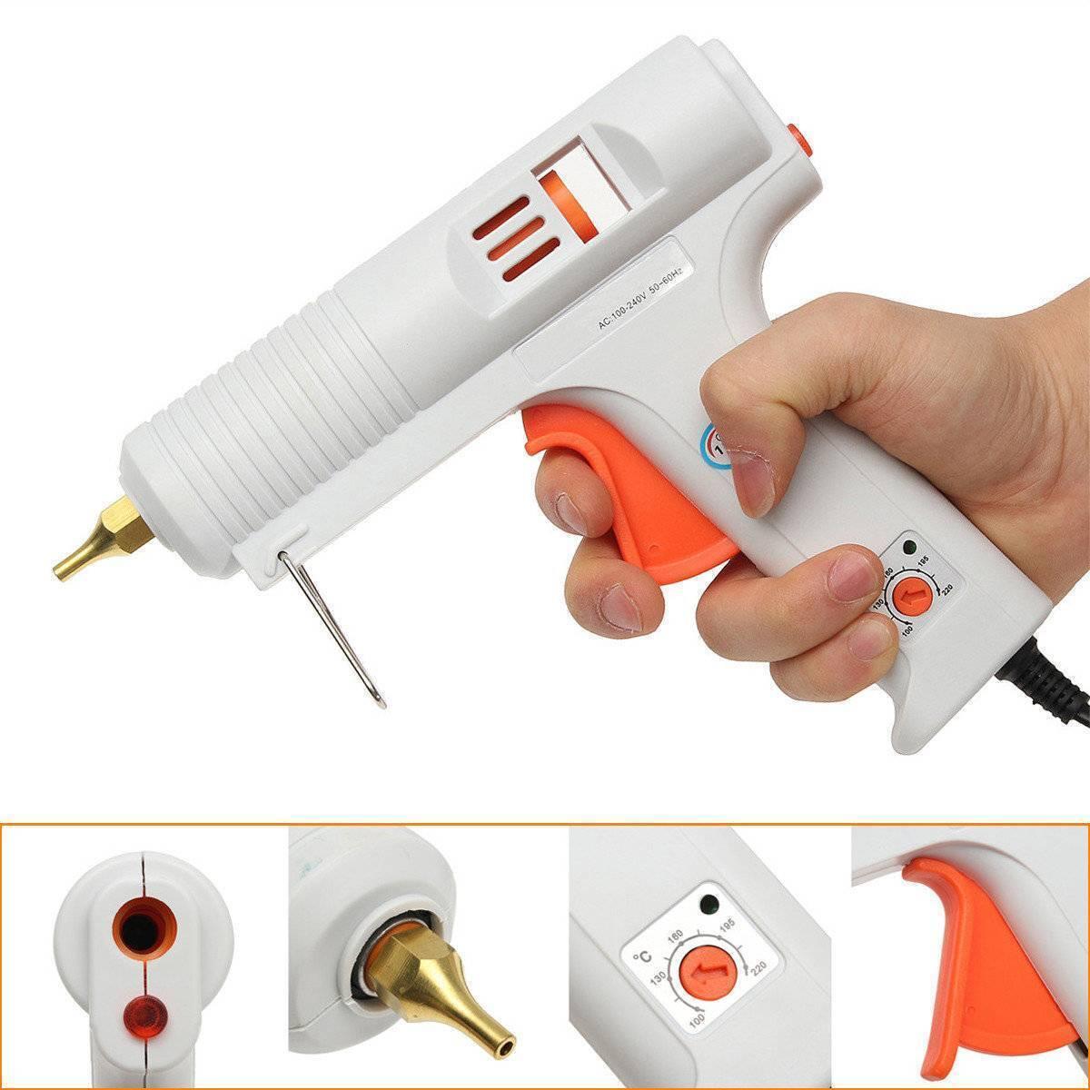 Adjustable Temperature Hot Glue Gun - a white handheld tool with an orange trigger, a metal stand, and a temperature control knob set from 100-220°C.