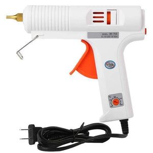 Adjustable Temperature Hot Glue Gun - a white handheld tool with an orange trigger, a brass nozzle, a temperature control knob, and a black power cord.