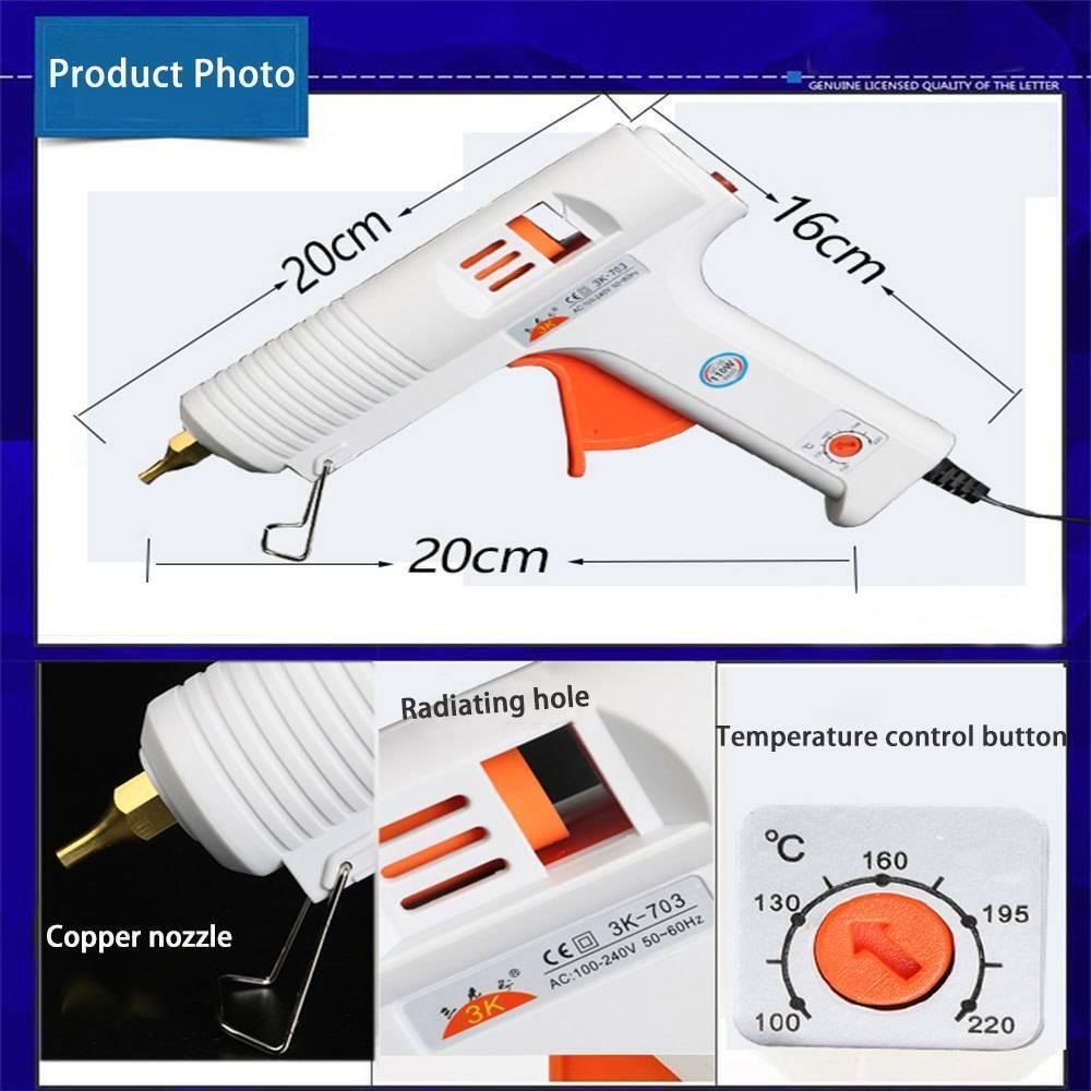 Adjustable Temperature Hot Glue Gun - shown with dimensions, a copper nozzle, a radiating hole, and a temperature control dial ranging from 100 to 220°C.