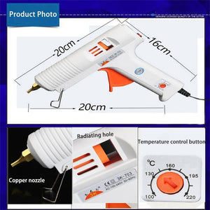 Adjustable Temperature Hot Glue Gun - shown with dimensions, a copper nozzle, a radiating hole, and a temperature control dial ranging from 100 to 220°C.