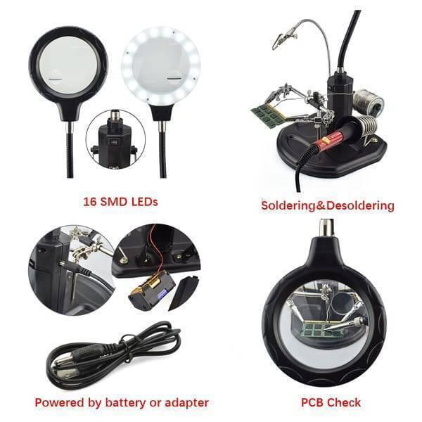 Advanced 2.5x-4x 16 SMD LEDS Desk Lamp Iron Soldering Base Magnifier Glass Helping Hand Station Stand - the magnifier lamp, soldering iron holder, helping hands, power cable, and battery case.