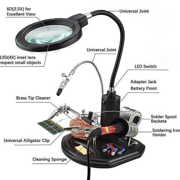Advanced 2.5x-4x 16 SMD LEDS Desk Lamp Iron Soldering Base Magnifier Glass Helping Hand Station Stand - a black multi-function station with a magnifying glass, alligator clips, and holder.
