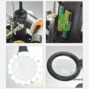 Advanced 2.5x-4x 16 SMD LEDS Desk Lamp Iron Soldering Base Magnifier Glass Helping Hand Station Stand - close-up views of the battery compartment, LED magnifier, and solder roll holder.