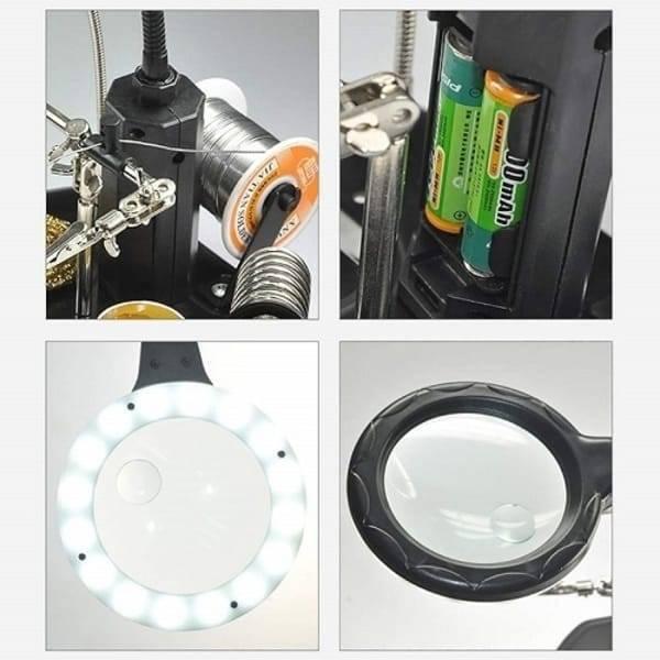 Advanced 2.5x-4x 16 SMD LEDS Desk Lamp Iron Soldering Base Magnifier Glass Helping Hand Station Stand - close-up views of the battery compartment, LED magnifier, and solder roll holder.