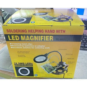 Advanced 2.5x-4x 16 SMD LEDS Desk Lamp Iron Soldering Base Magnifier Glass Helping Hand Station Stand - packaging box showing product features and diagrams.