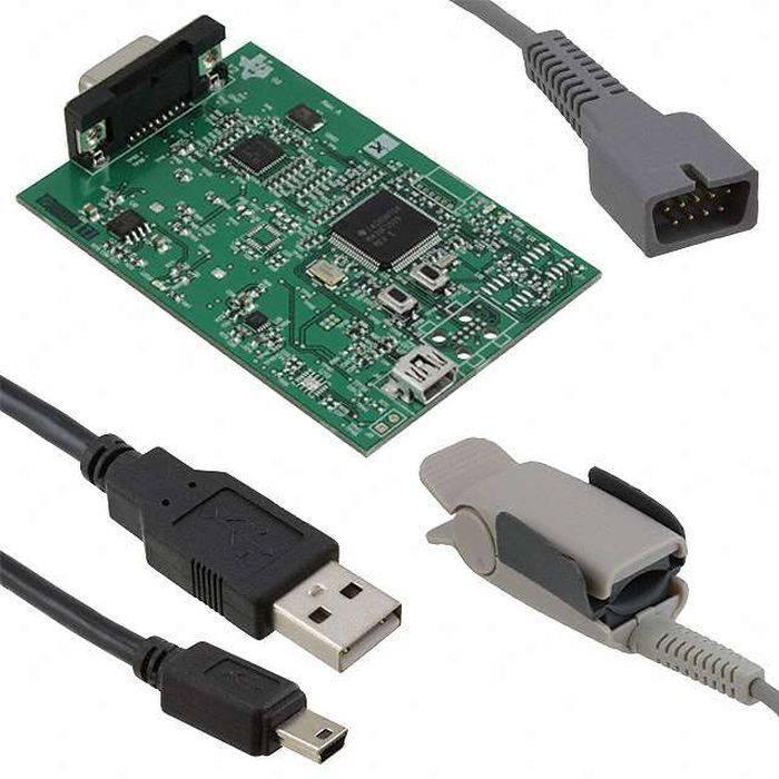 AFE4490 Integrated Analog Front End (afe) For Pulse Oximeters Evaluation Module - a green circuit board, a pulse oximeter finger sensor, a USB cable, and a multi-pin connector cable.