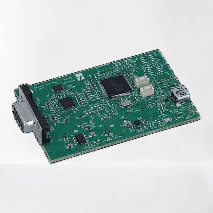 AFE4490 Integrated Analog Front End (afe) For Pulse Oximeters Evaluation Module - a green rectangular printed circuit board featuring a serial port, a USB port, two white connectors, and integrated chips.