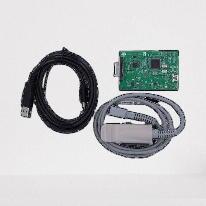AFE4490 Integrated Analog Front End (afe) For Pulse Oximeters Evaluation Module - a green circuit board, a gray pulse oximeter finger sensor cable, and a black USB power cable.