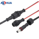 AH-M12-0402FMD01111 2-pin M12 Panel-type Female Waterproof DC Connector Female DC Jack - a black female M12 panel mount connector, a matching cable-mount plug, and a DC jack.