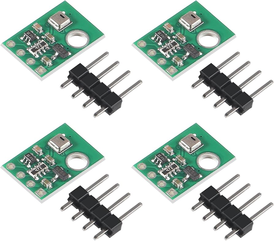 AHT20 I2c Temperature And Humidity Sensor High Precision Digital Module Arduino - four green circuit boards with sensors and four separate four-pin male header connectors.