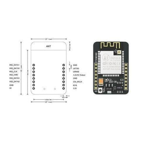 AI Thinker ESP32 Cam Development Board WiFi Bluetooth OV2640 Camera Module - shown as a black circuit board next to a technical dimension diagram with pinout labels.