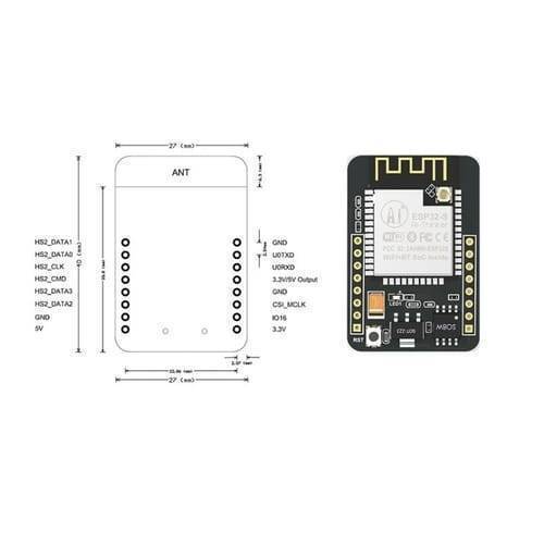 AI Thinker ESP32 Cam Development Board WiFi Bluetooth OV2640 Camera Module - shown as a black circuit board next to a technical dimension diagram with pinout labels.