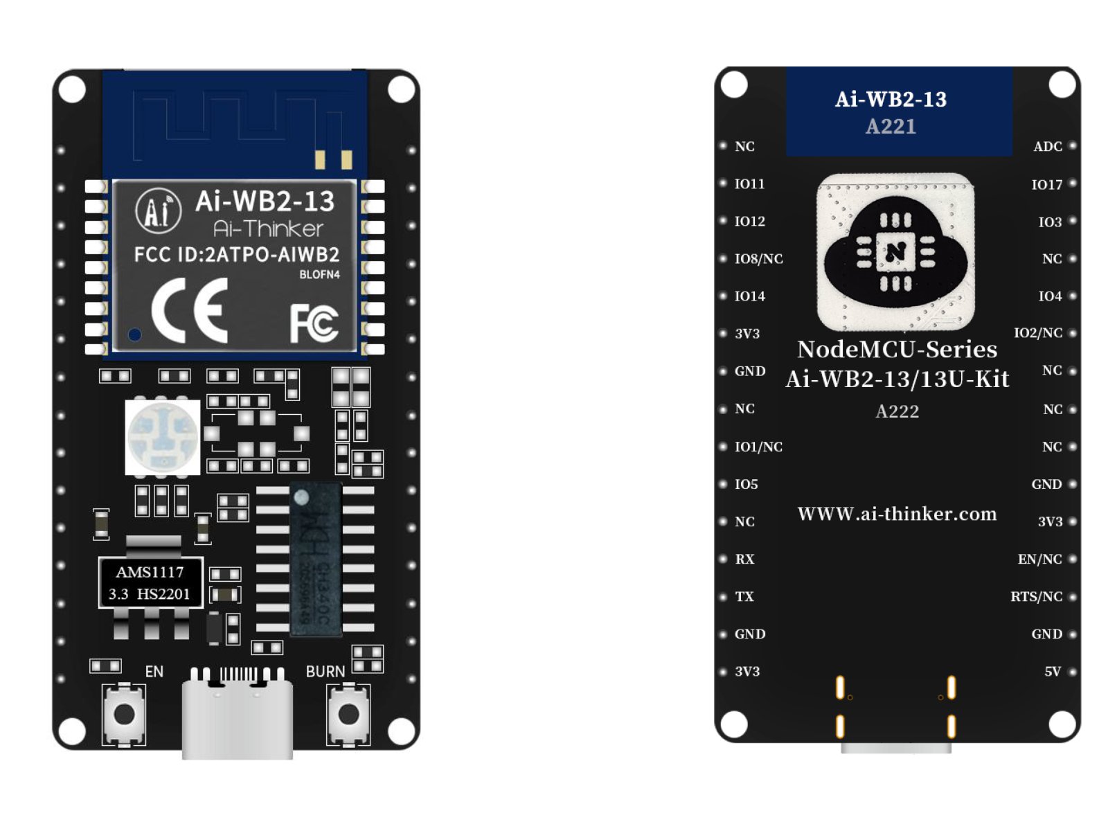 AI-thinker Nodemcu-AI-WB2-13 WiFi Bluetooth 5.0 Module - shown from top and bottom, featuring a black PCB, USB-C port, two buttons, and labeled pin headers.