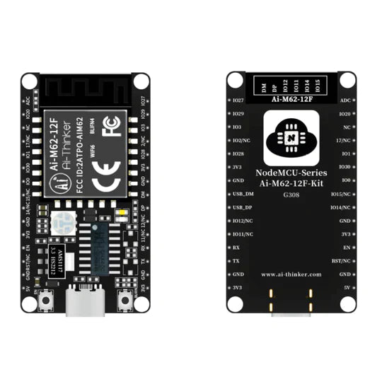 AI-thinker Nodemcu-PB-03F-KIT Development Board - shown from the front and back, featuring a black PCB, USB port, two buttons, and labeled pin headers.