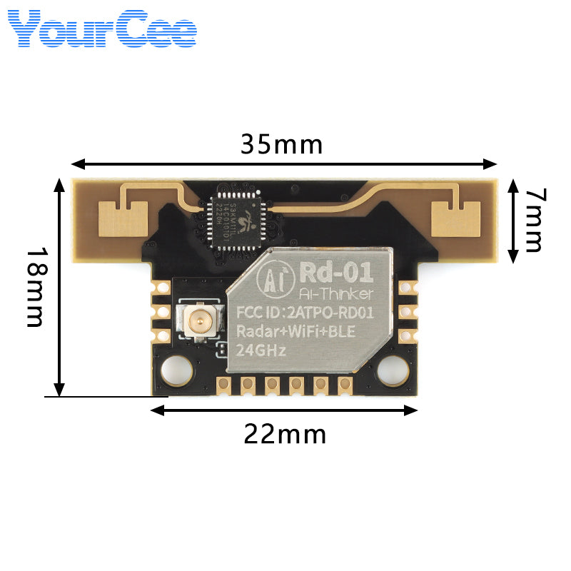 AI Thinker Rd-01 24G Radar Human Body Sensor Radar+BLE+WiFi - the black circuit board with gold antenna traces, a metal shield, a connector, and dimension annotations.