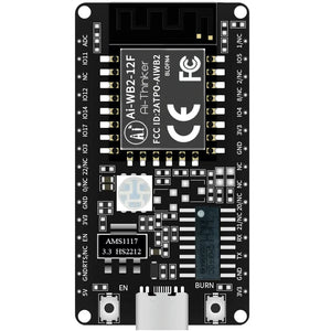 AI-thinker WiFi+bluetooth 5.0 Module AI-WB2-12F-KIT Development Board PCB Antenna Type-c Interface - a black rectangular PCB featuring an Ai-Thinker module, a USB-C port, two buttons, and various labeled pin headers.
