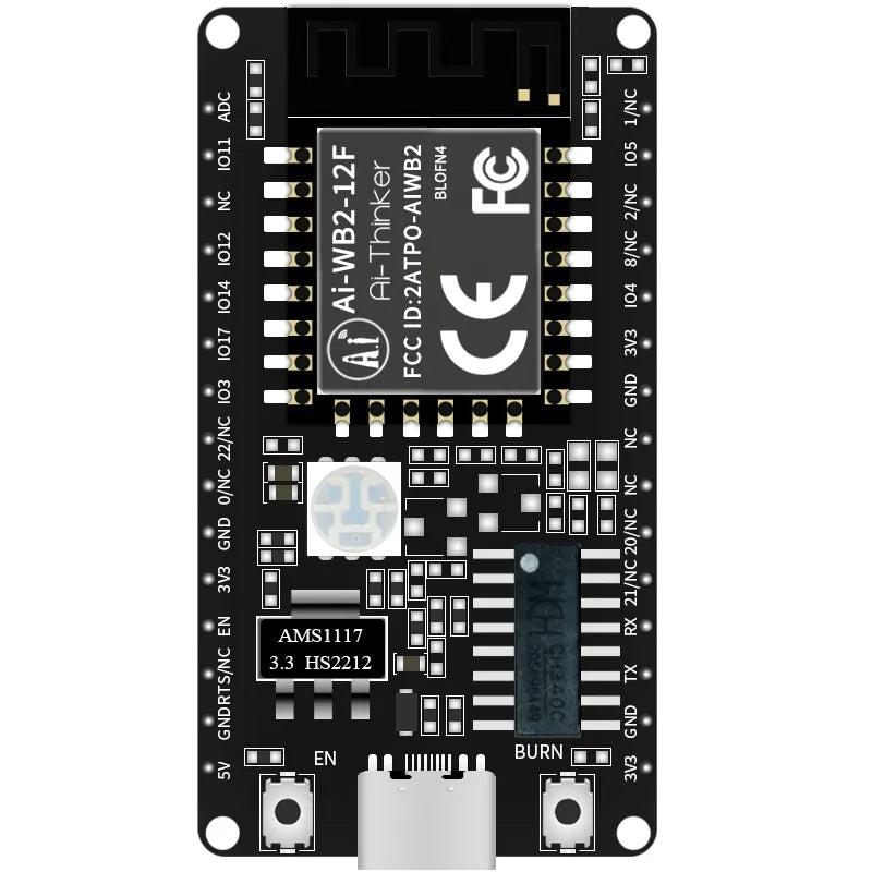 AI-thinker WiFi+bluetooth 5.0 Module AI-WB2-12F-KIT Development Board PCB Antenna Type-c Interface - a black rectangular PCB featuring an Ai-Thinker module, a USB-C port, two buttons, and various labeled pin headers.