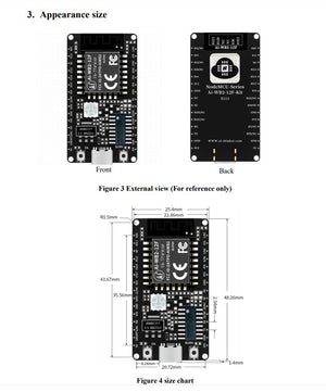 AI-thinker WiFi+bluetooth 5.0 Module AI-WB2-12F-KIT Development Board PCB Antenna Type-c Interface - front and back views, including a USB Type-C port, buttons, and a detailed dimension diagram.