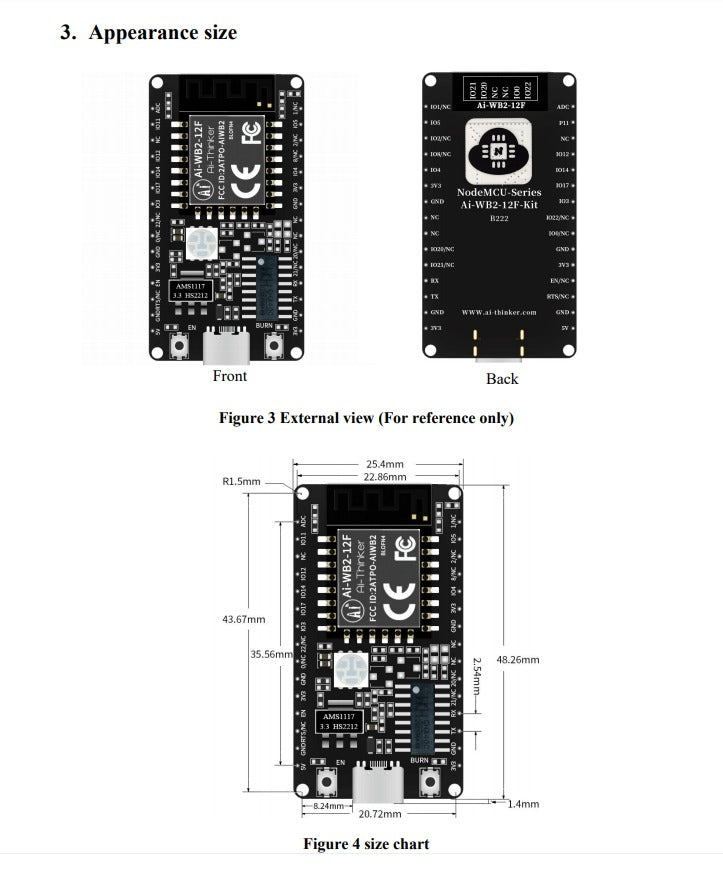 AI-thinker WiFi+bluetooth 5.0 Module AI-WB2-12F-KIT Development Board PCB Antenna Type-c Interface - front and back views, including a USB Type-C port, buttons, and a detailed dimension diagram.