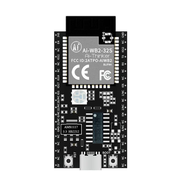 AI-WB2-32S Nodemcu-AI-WB2-32S-KIT AI-WB2 2.4g WiFi+bluetooth-compatible BLE 5.0 ESP32-S Development Board Module BL602 4MB - a black rectangular module featuring a central WiFi chip, a USB-C port, two push buttons, and labeled pin headers.