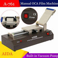 Aida A-761 Automatic LCD Touch Screen Film Laminator Oca Laminating Machine For Phone - a brown tabletop device with a hinged metal plate, a start button, a power switch, and a vacuum pump inset.