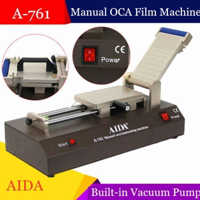 Aida A-761 Automatic LCD Touch Screen Film Laminator Oca Laminating Machine For Phone - a brown tabletop device with a hinged metal plate, a start button, a power switch, and a vacuum pump inset.