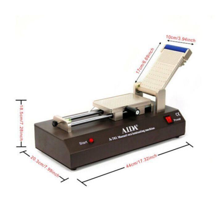 Aida A-761 Automatic LCD Touch Screen Film Laminator Oca Laminating Machine For Phone - with a sliding platform, a hinged top press, a red start button, a power switch, and overlaid dimensions.
