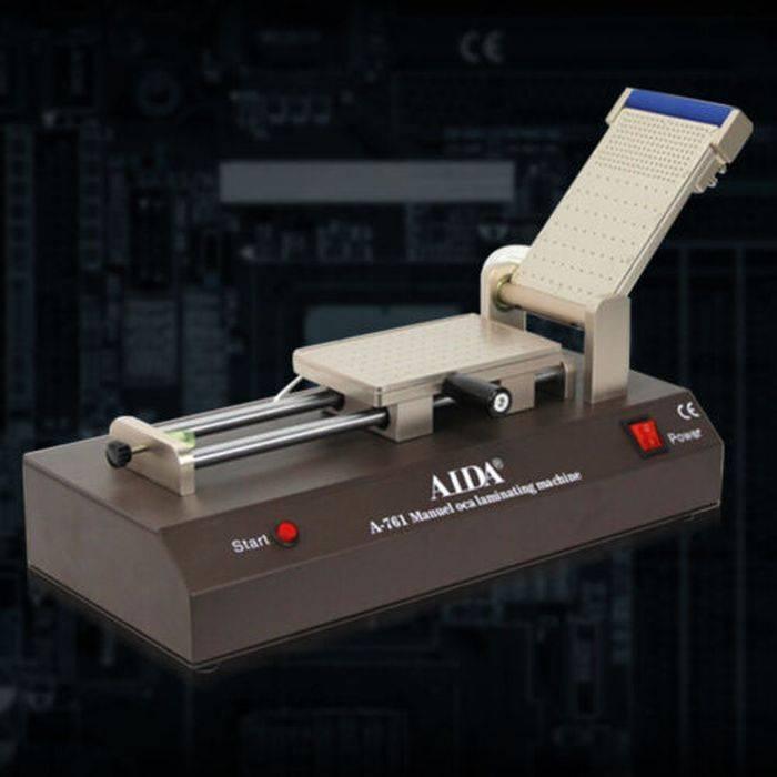 Aida A-761 Automatic LCD Touch Screen Film Laminator Oca Laminating Machine For Phone - a hinged top plate, metal guide rails, a red start button, and a power switch.