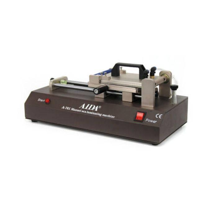 Aida A-761 Automatic LCD Touch Screen Film Laminator Oca Laminating Machine For Phone - with a black handle, a red start button, a power switch, and metal guide rails on a white background.