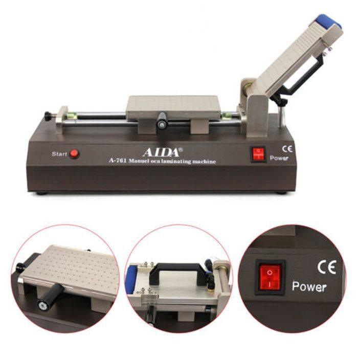 Aida A-761 Automatic LCD Touch Screen Film Laminator Oca Laminating Machine For Phone - a metal work platform, start button, power switch, and three circular detail close-ups.
