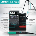Aifen A9 Plus 120W Digital Soldering Station - T245/T210/T115 Compatible - with a digital display showing 300 degrees, a soldering iron handle, cleaning tools, and labeled component parts.