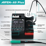Aifen A9 Plus 120W Digital Soldering Station - T245/T210/T115 Compatible - with a digital display showing 300 degrees, a soldering iron handle, cleaning tools, and labeled component parts.