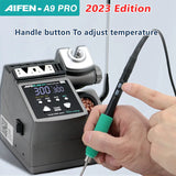 Aifen-A9 Pro 120W Soldering Iron Station Soldering Station Kit With C245 Handle - grey base, digital display showing 300, a soldering iron handle with buttons, and a stand with cleaning wire.