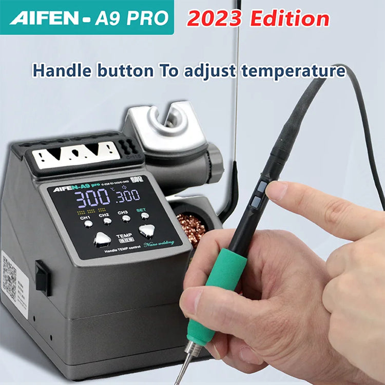 Aifen-A9 Pro 120W Soldering Iron Station Soldering Station Kit With C245 Handle - grey base, digital display showing 300, a soldering iron handle with buttons, and a stand with cleaning wire.