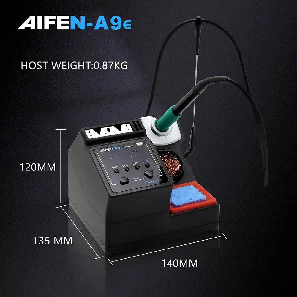Aifen A9e Soldering Station 160W Temperature Control 3 Memory Storage T210 Tip - dimensions, a black control unit with a digital display, three channel buttons, and a soldering iron in its stand.